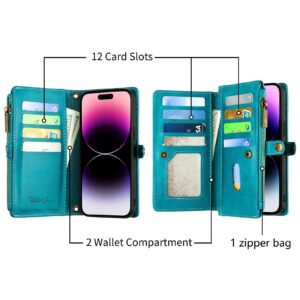 MInCYB for iPhone 15 Pro Max Wallet Case with Card Holder (12 Card Slots) - PU Leather Case for Women & Men, Wireless Charging, Detachable Magnetic, Crossbody Strap, Shockproof Protective Phone Cover.