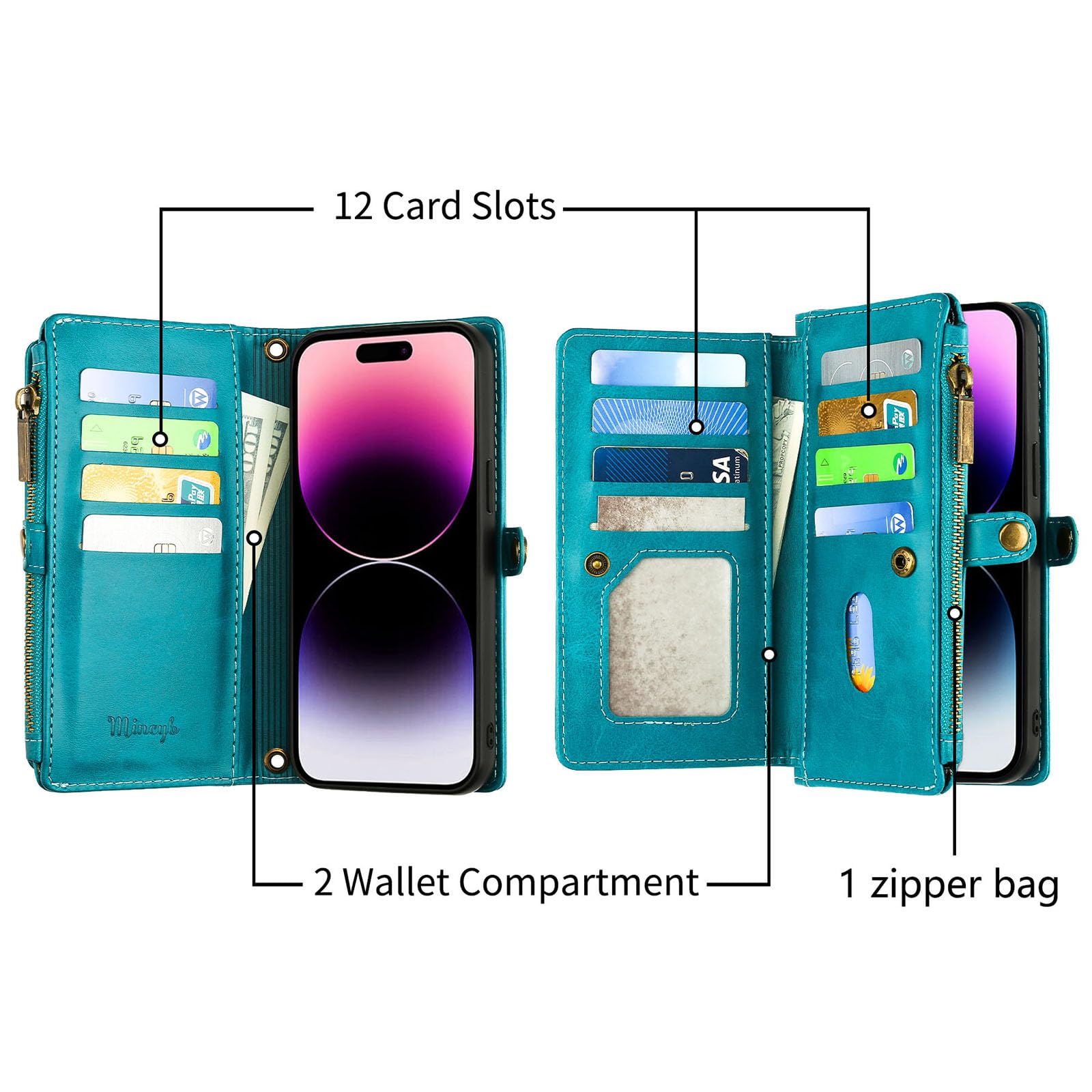 MInCYB for iPhone 15 Pro Max Wallet Case with Card Holder (12 Card Slots) - PU Leather Case for Women & Men, Wireless Charging, Detachable Magnetic, Crossbody Strap, Shockproof Protective Phone Cover.