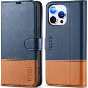 tucch wallet case for iphone 15 pro max, [rfid blocking] [4 card slots] protective tpu inner shell, shockproof magnetic pu leather stand flip cover compatible with iphone 15 pro max 6.7", blue&brown