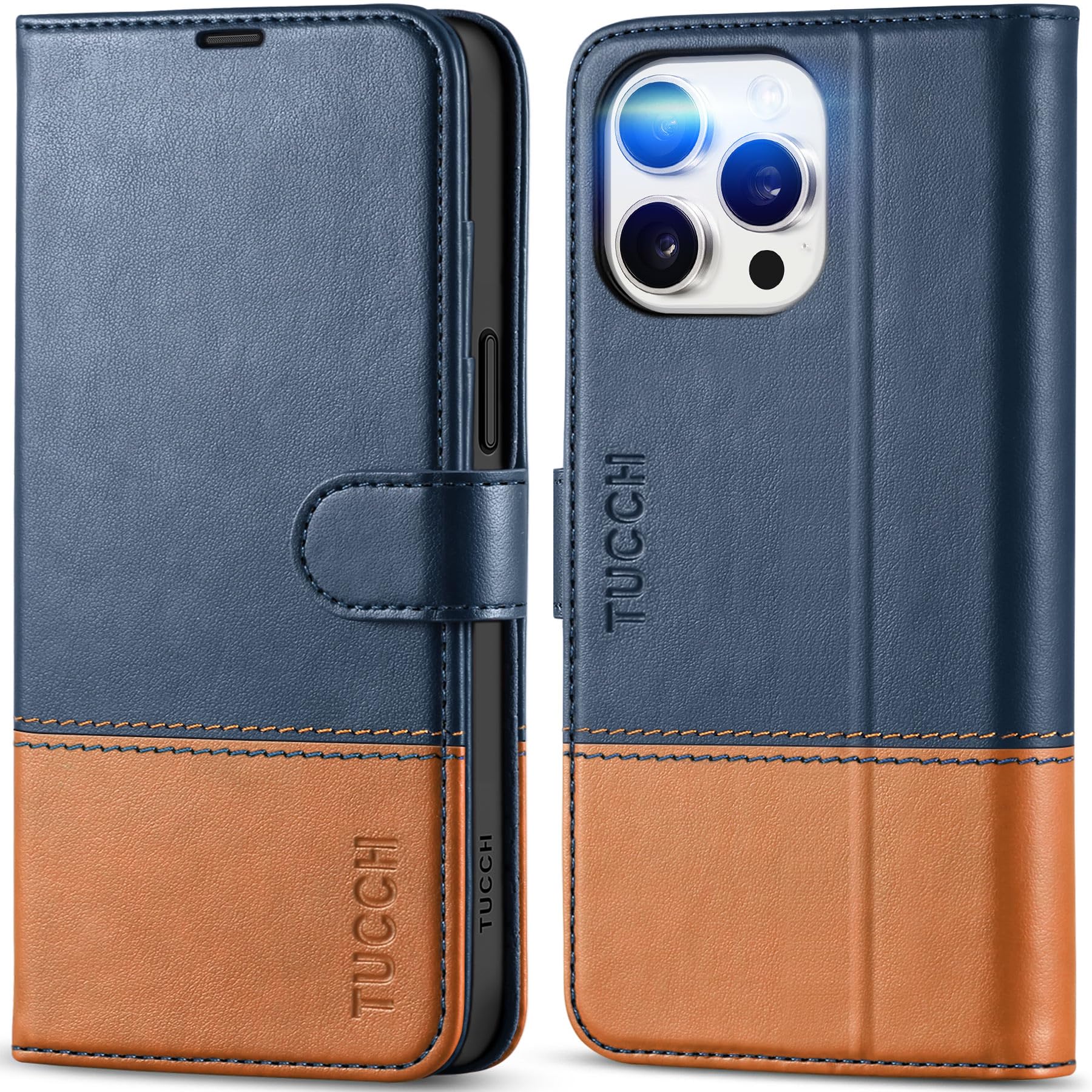 TUCCH Wallet Case for iPhone 15 Pro Max, [RFID Blocking] [4 Card Slots] Protective TPU Inner Shell, Shockproof Magnetic PU Leather Stand Flip Cover Compatible with iPhone 15 Pro Max 6.7", Blue&Brown