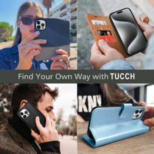 TUCCH Wallet Case for iPhone 15 Pro Max, [RFID Blocking] [4 Card Slots] Protective TPU Inner Shell, Shockproof Magnetic PU Leather Stand Flip Cover Compatible with iPhone 15 Pro Max 6.7", Blue&Brown