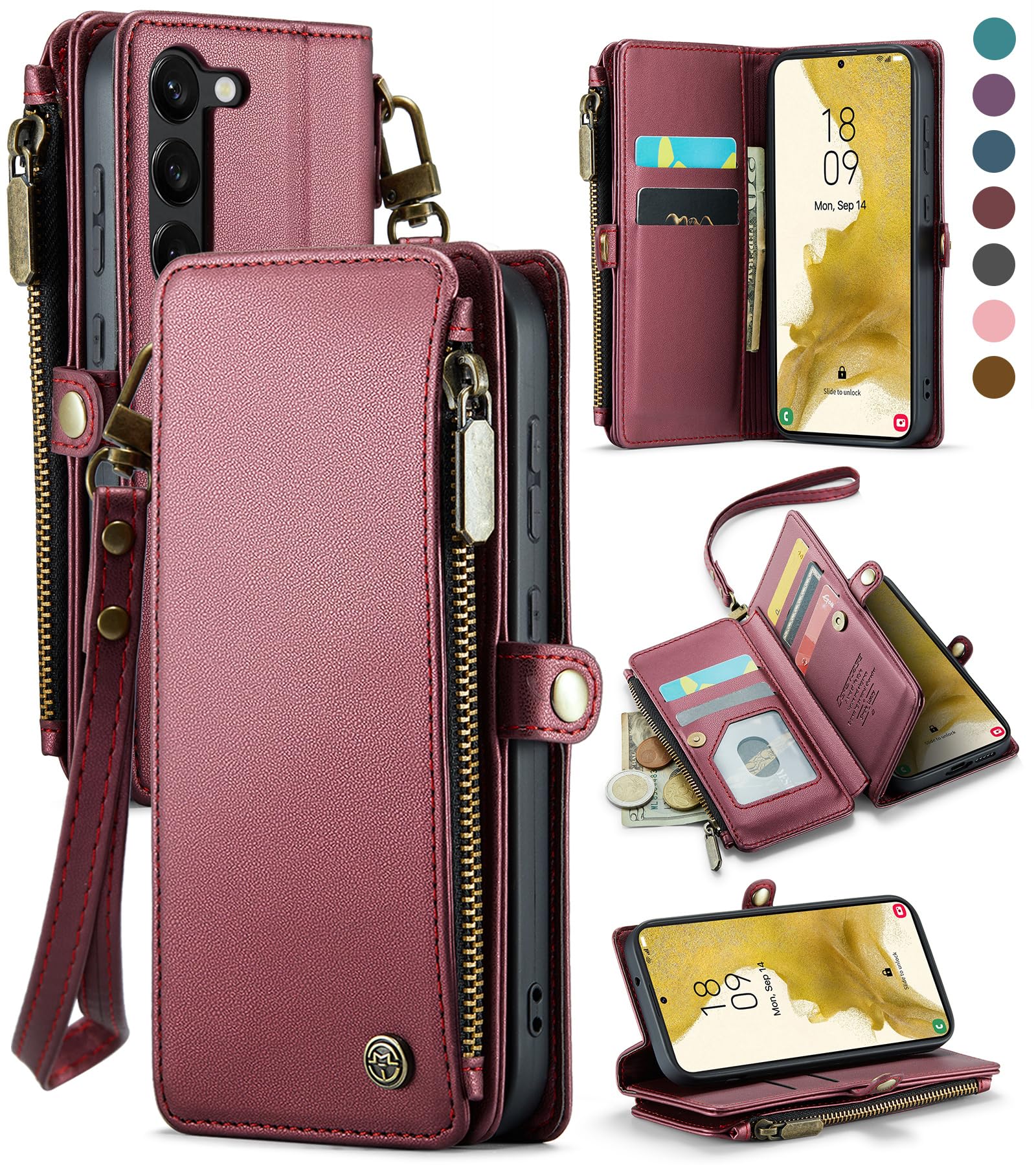 Defencase for Samsung Galaxy S23 Case, 【RFID Blocking】 for Galaxy S23 Case Wallet for Women Men with Card Holder, Durable Leather Magnetic Flip Strap Phone Case for Samsung S23 6.1", Purple Red