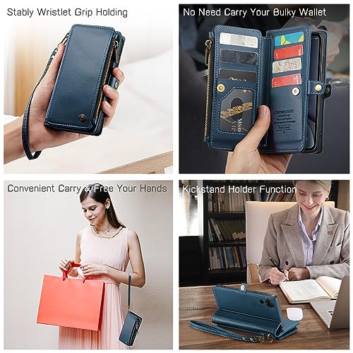 Defencase for iPhone XR Case, RFID Blocking for iPhone XR Wallet Case for Women Men with Credit Card Holder Zipper Pocket Book Flip PU Leather Protective Cover for iPhone XR Phone Case, Dark Blue