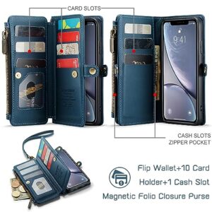 Defencase for iPhone XR Case, RFID Blocking for iPhone XR Wallet Case for Women Men with Credit Card Holder Zipper Pocket Book Flip PU Leather Protective Cover for iPhone XR Phone Case, Dark Blue