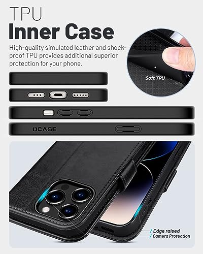 OCASE Compatible with iPhone 15 Pro Wallet Case, PU Leather Flip Folio Case with Card Holders RFID Blocking Kickstand [Shockproof TPU Inner Shell] Phone Cover 6.1 Inch 2023, Black