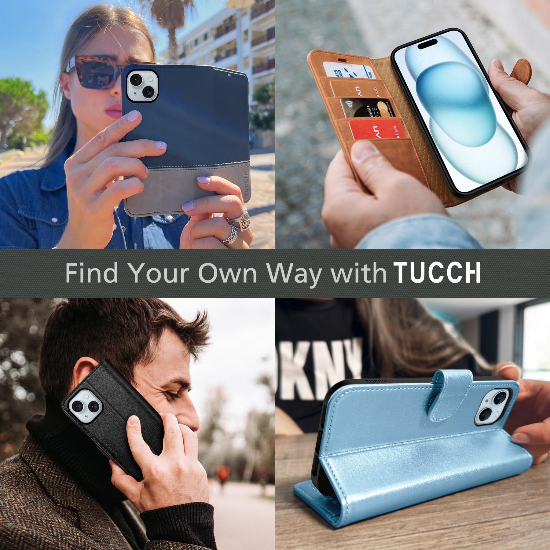 TUCCH Case for iPhone 15 Wallet Case, Kickstand [RFID Blocking] 4 Card Slots Protective TPU Interior Case, PU Leather Magnetic Shockproof Flip Cover Compatible with iPhone 15 6.1" 2023, Textured Black