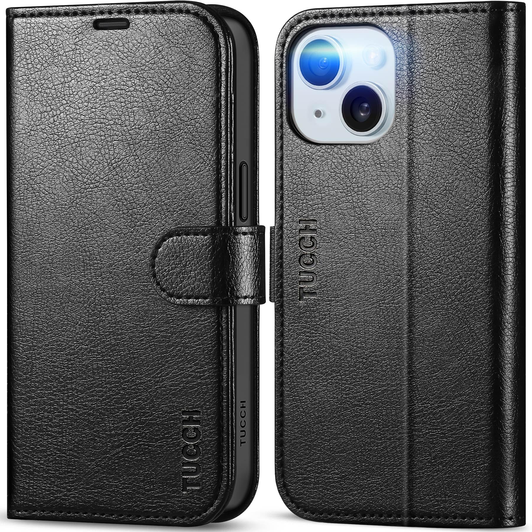 TUCCH Case for iPhone 15 Wallet Case, Kickstand [RFID Blocking] 4 Card Slots Protective TPU Interior Case, PU Leather Magnetic Shockproof Flip Cover Compatible with iPhone 15 6.1" 2023, Textured Black