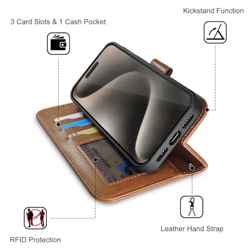 CAVOKAS iPhone 15 Wallet Case, Detachable Leather Case with Card Holder, Strong Magnetic Compatible with MagSafe Wireless Charging, Kickstand Shockproof Cover 6.1 Inch, Brown