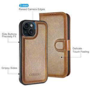 CAVOKAS iPhone 15 Wallet Case, Detachable Leather Case with Card Holder, Strong Magnetic Compatible with MagSafe Wireless Charging, Kickstand Shockproof Cover 6.1 Inch, Brown