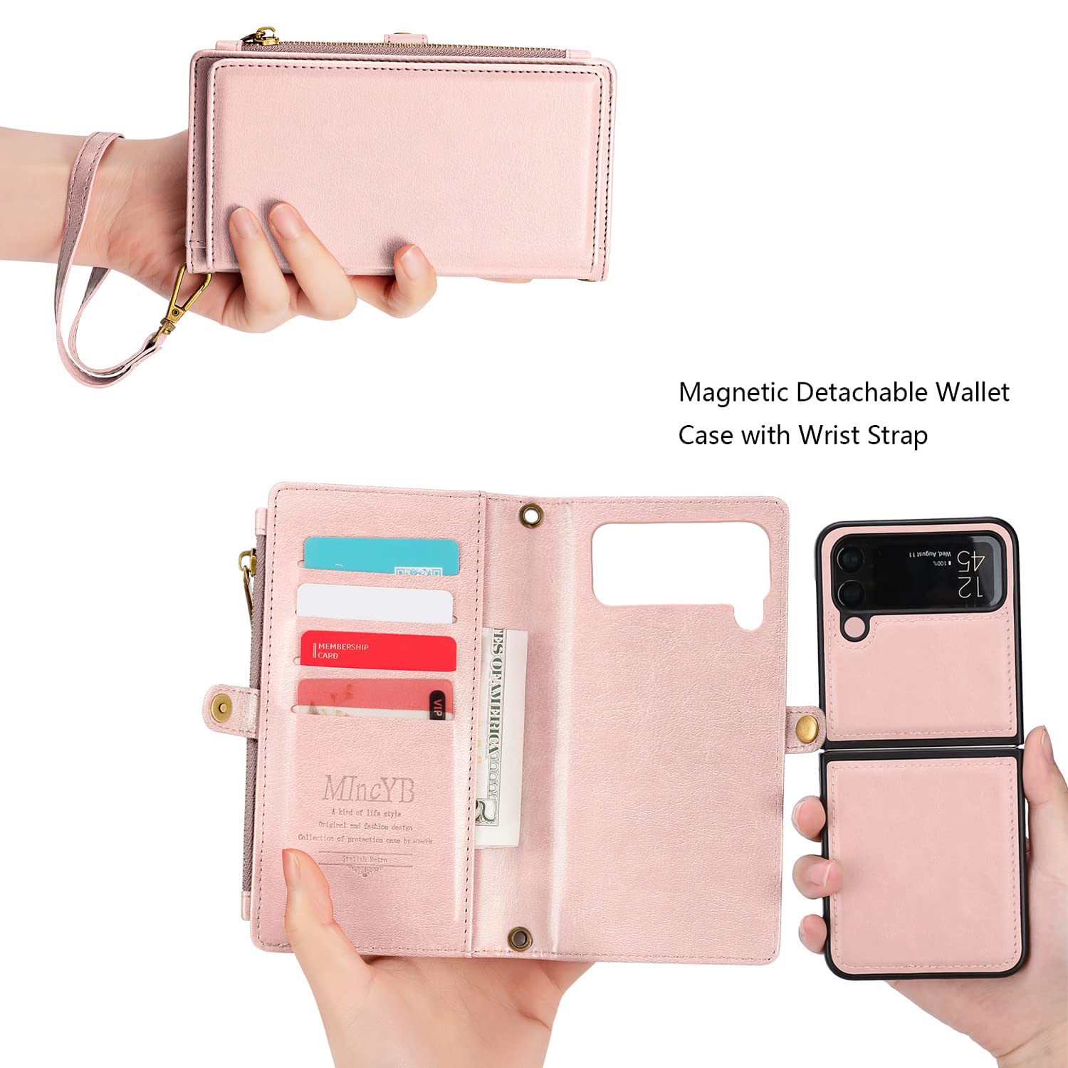 MInCYB Samsung Galaxy Z Flip 4 Case, Z Flip 4 Wallet Case for Women Men Zipper Purse, Detachable Magnetic Phone Cover with RFID Blocking, Leather Wallet for Z Flip 4. Pink