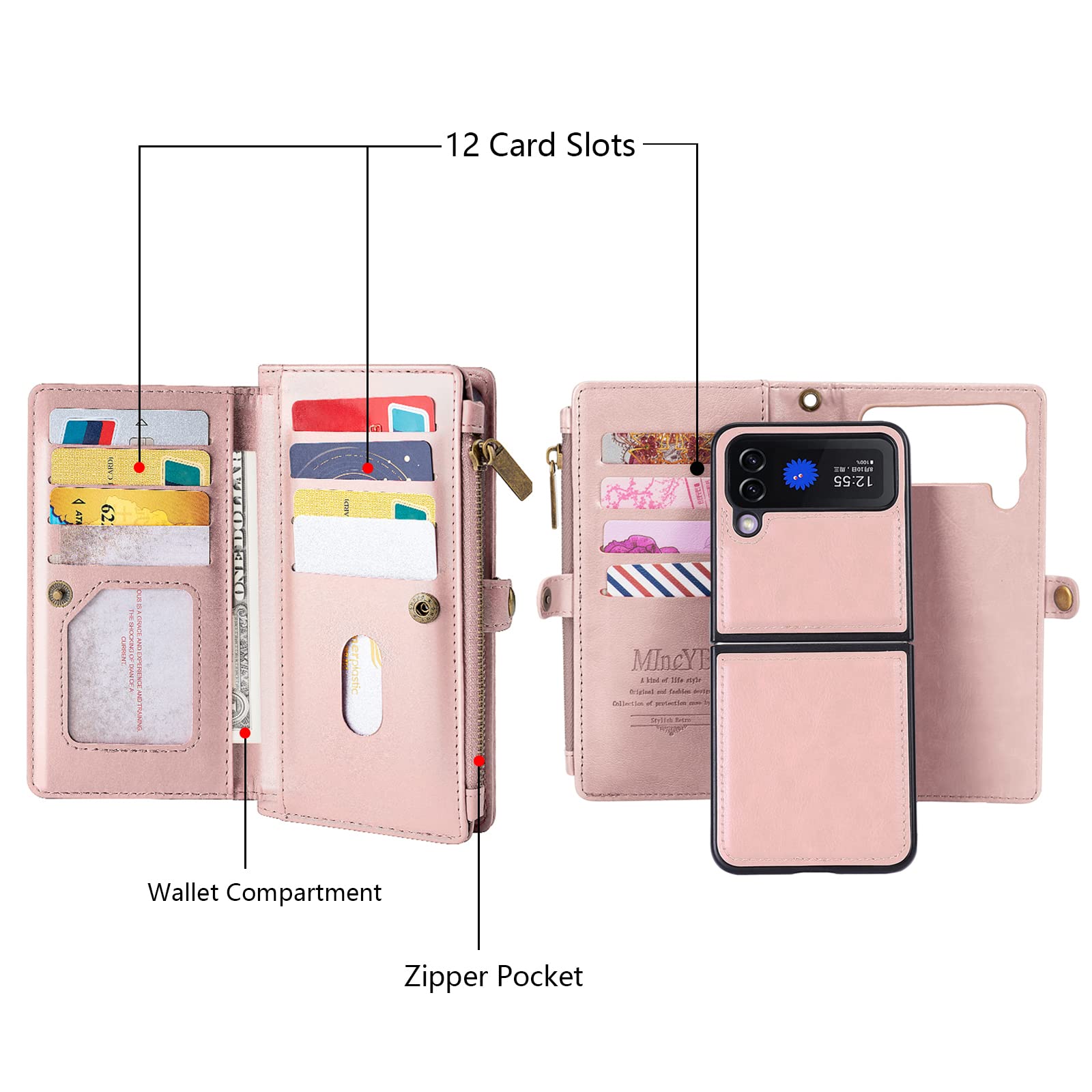 MInCYB Samsung Galaxy Z Flip 4 Case, Z Flip 4 Wallet Case for Women Men Zipper Purse, Detachable Magnetic Phone Cover with RFID Blocking, Leather Wallet for Z Flip 4. Pink