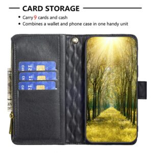 SUPWALL Wallet Case Compatible for iPhone 14 Pro Max | Flip Leather Case with Removable Wristlet Strap and 9 Card Holder | Magnetic Closure Case with Zipper for Men Women | Black