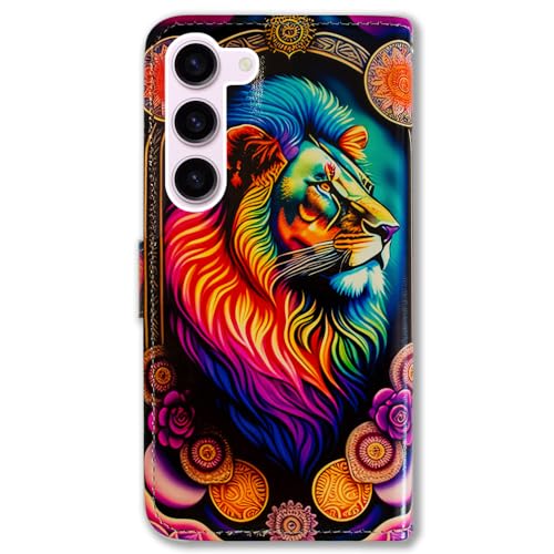 Bcov Galaxy S23 FE Case,Colorful Lion Mandala Flower Leather Flip Phone Case Wallet Cover with Card Slot Holder Kickstand for Samsung Galaxy S23 FE