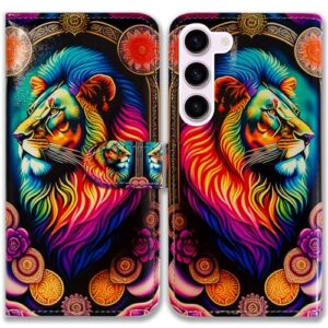 Bcov Galaxy S23 FE Case,Colorful Lion Mandala Flower Leather Flip Phone Case Wallet Cover with Card Slot Holder Kickstand for Samsung Galaxy S23 FE