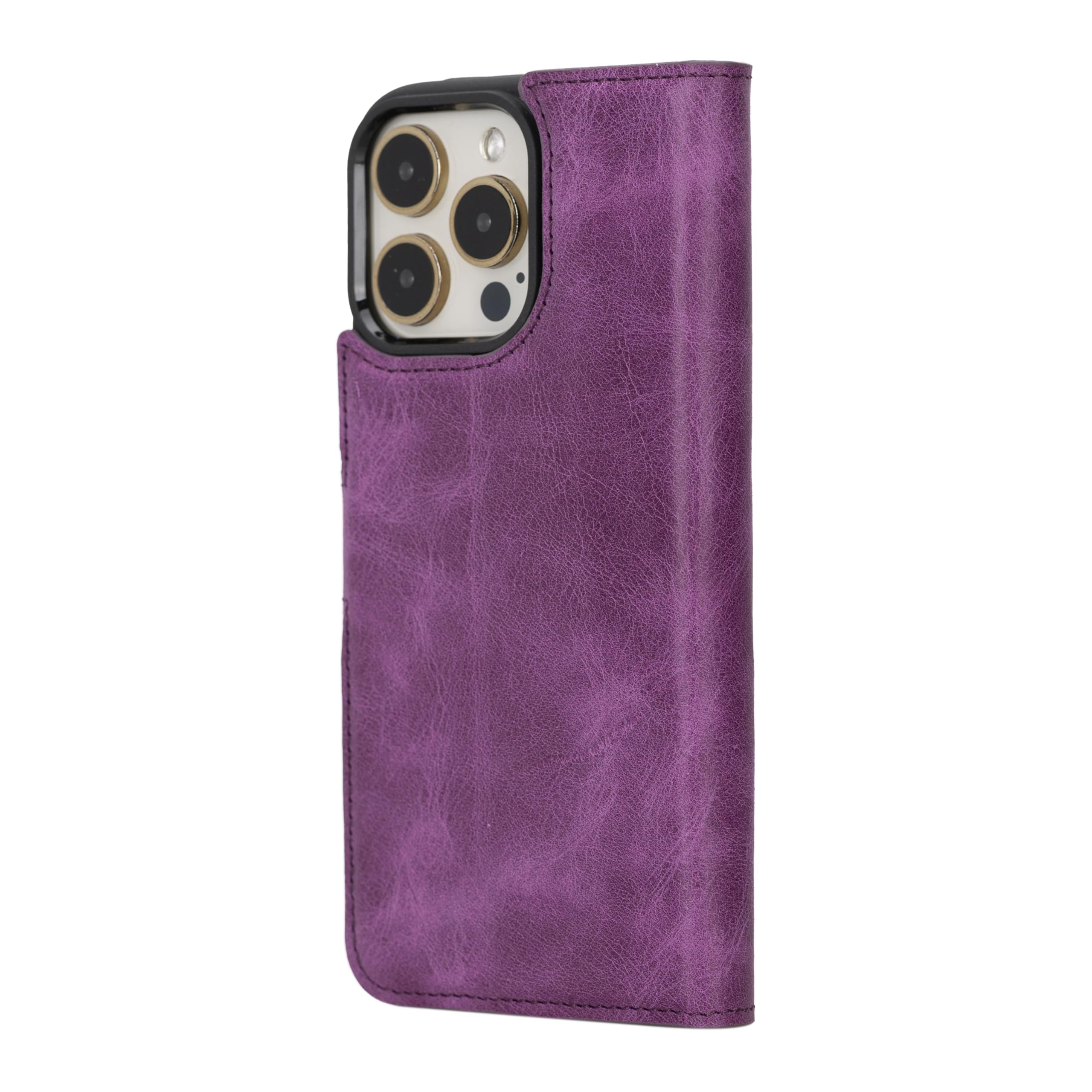 HARDISTON Genuine Leather Handmade Wallet Case Compatible with iPhone 15 Pro Max - MagSafe Compatible - Detachable Magnetic Flip Cover with Card Holders - Horizontal Kickstand (Purple)