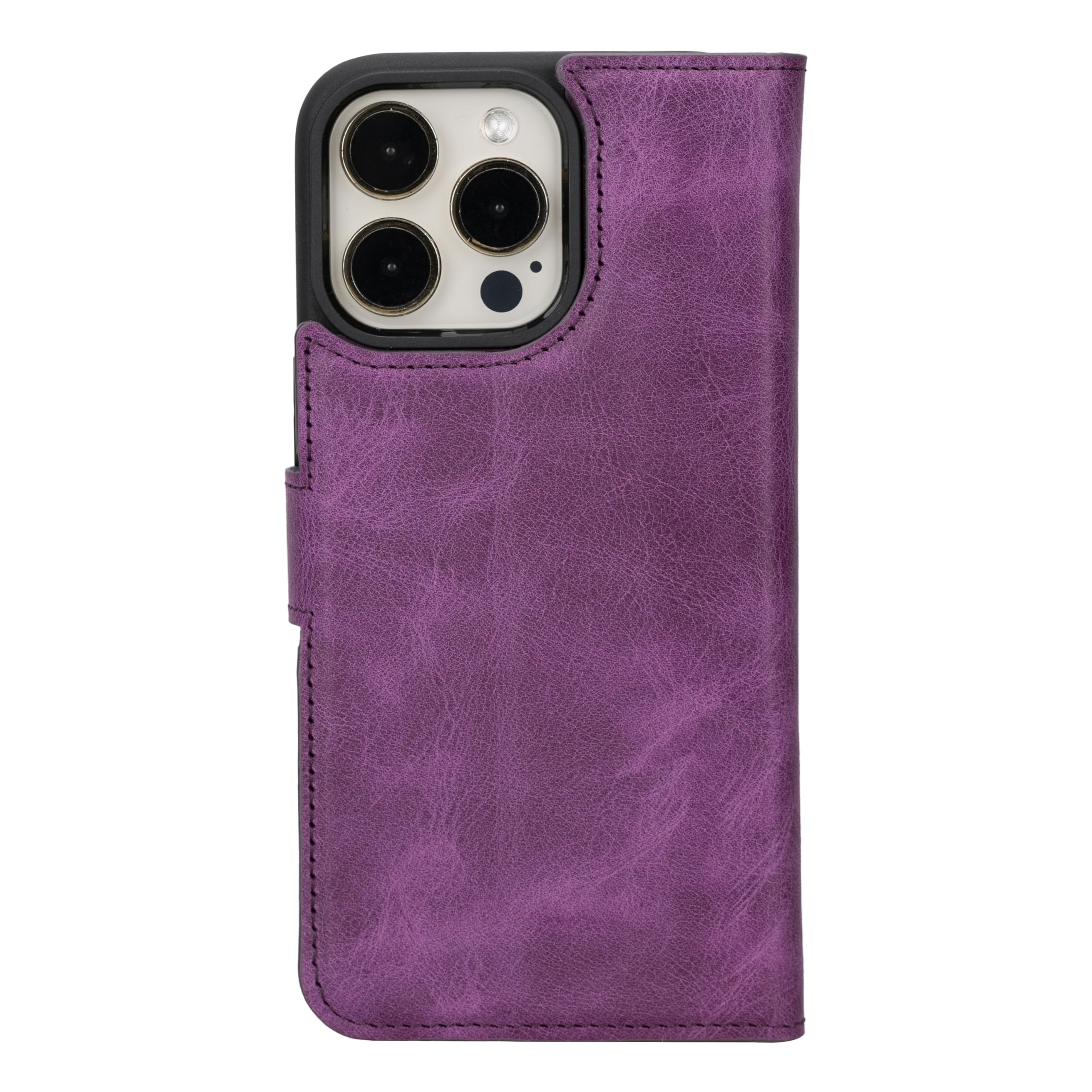 HARDISTON Genuine Leather Handmade Wallet Case Compatible with iPhone 15 Pro Max - MagSafe Compatible - Detachable Magnetic Flip Cover with Card Holders - Horizontal Kickstand (Purple)