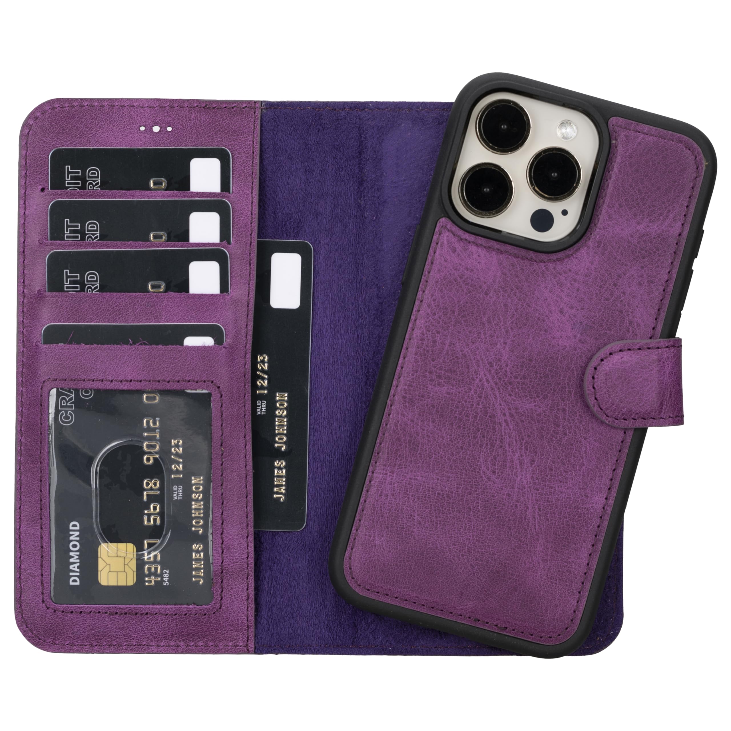 HARDISTON Genuine Leather Handmade Wallet Case Compatible with iPhone 15 Pro Max - MagSafe Compatible - Detachable Magnetic Flip Cover with Card Holders - Horizontal Kickstand (Purple)