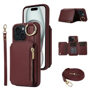 furiet wallet case for iphone 15 6.1 inch with wrist shoulder strap card holder ring stflip zipper pu leather 6+ slots rfid blocking phone cover for iphone15 5g i i-phone i15 15case wine red