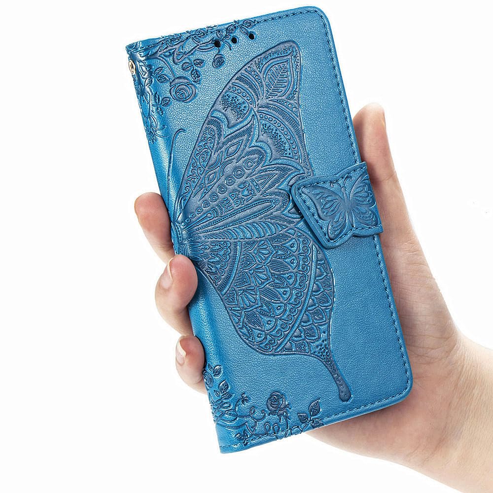 MEUPZZK for Google Pixel 6A Wallet Case, Embossed Butterfly Premium PU Leather [Kickstand] [Card Slots] [Wrist Strap] [Folio Flip] [6.1 inch] Phone Cover for Pixel 6A (A-Blue)