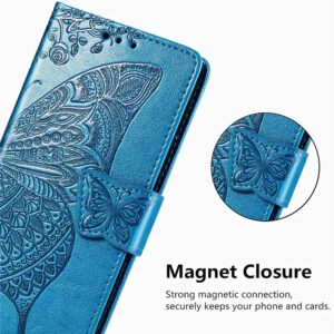 MEUPZZK for Google Pixel 6A Wallet Case, Embossed Butterfly Premium PU Leather [Kickstand] [Card Slots] [Wrist Strap] [Folio Flip] [6.1 inch] Phone Cover for Pixel 6A (A-Blue)