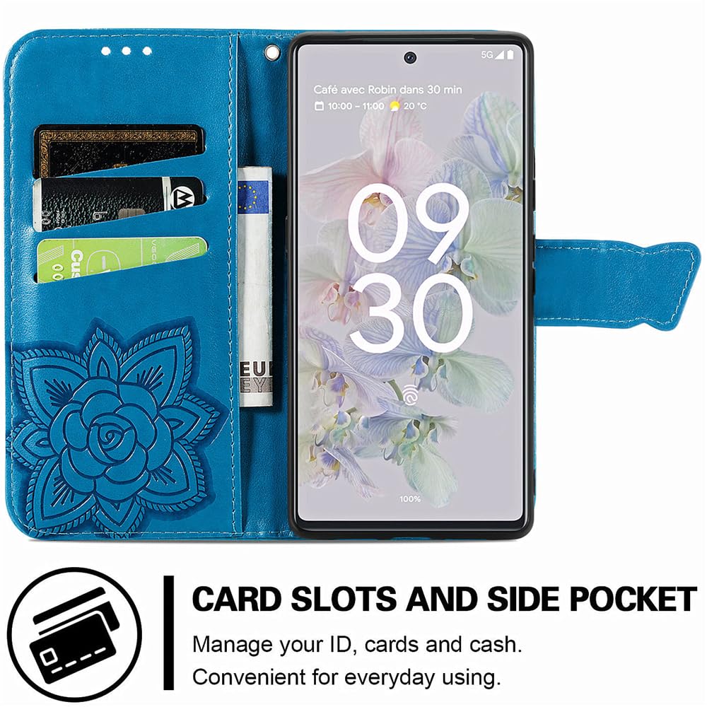 MEUPZZK for Google Pixel 6A Wallet Case, Embossed Butterfly Premium PU Leather [Kickstand] [Card Slots] [Wrist Strap] [Folio Flip] [6.1 inch] Phone Cover for Pixel 6A (A-Blue)