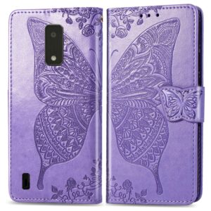 damondy for blu view4 b135dl flip case,butterfly embossed flowers pu leather magnetic flip cover stand card holders hand strap wallet purse case for blu view 4 b135dl -light purple