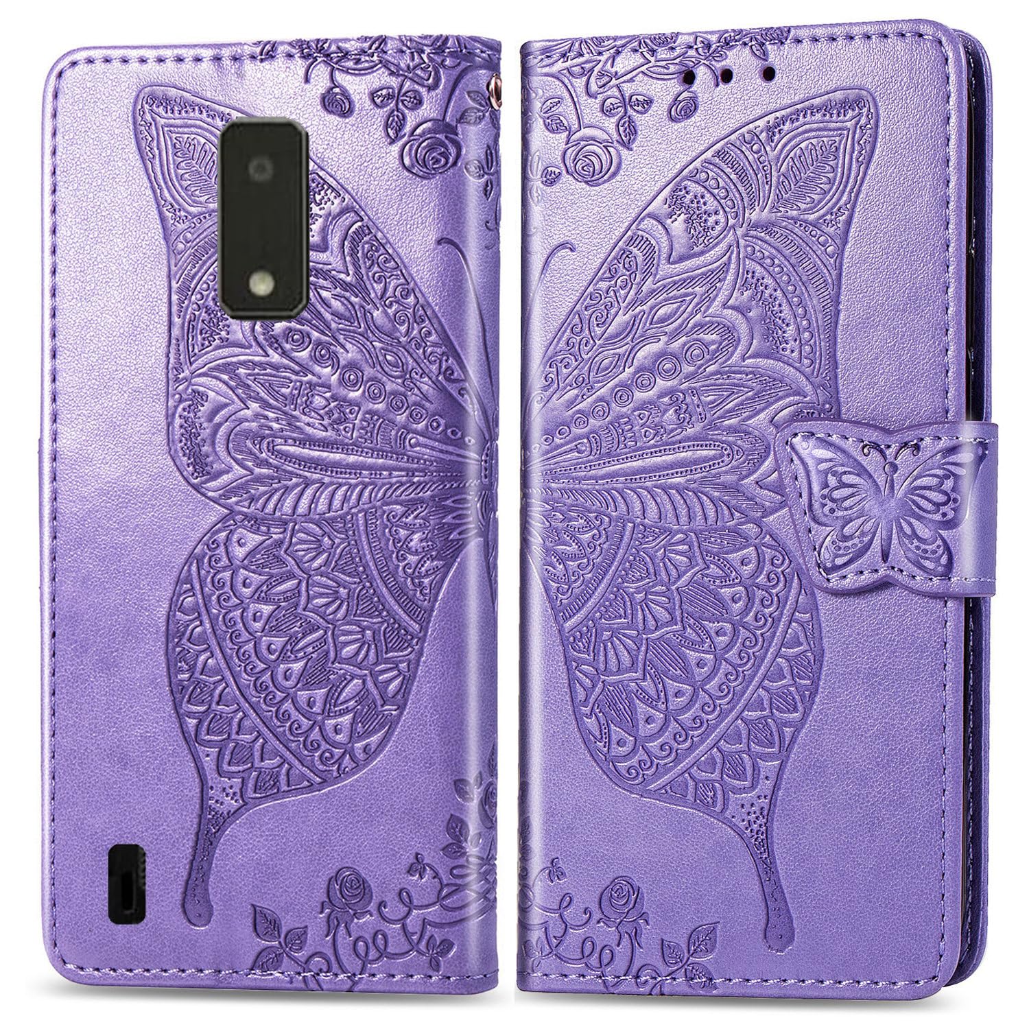 DAMONDY for BLU View4 B135DL Flip Case,Butterfly Embossed Flowers PU Leather Magnetic Flip Cover Stand Card Holders Hand Strap Wallet Purse Case for BLU View 4 B135DL -Light Purple