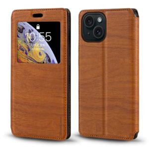 for iPhone 15 Case, Wood Grain Leather Case with Card Holder and Window, Magnetic Flip Cover for iPhone 15 (6.1”)