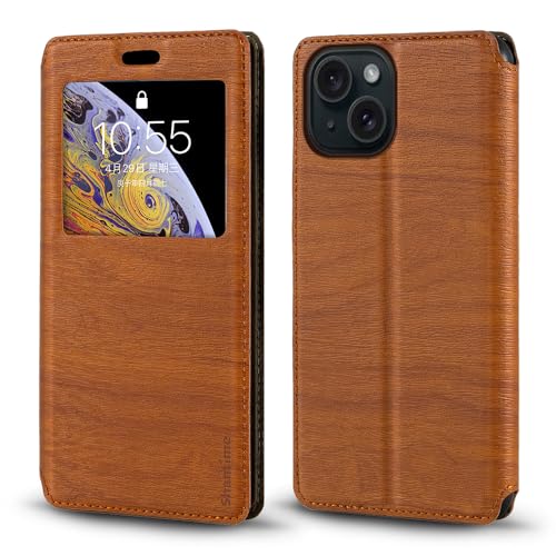 for iPhone 15 Case, Wood Grain Leather Case with Card Holder and Window, Magnetic Flip Cover for iPhone 15 (6.1”)