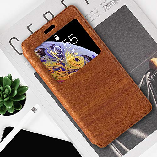 for iPhone 15 Case, Wood Grain Leather Case with Card Holder and Window, Magnetic Flip Cover for iPhone 15 (6.1”)