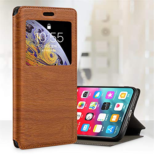 for iPhone 15 Case, Wood Grain Leather Case with Card Holder and Window, Magnetic Flip Cover for iPhone 15 (6.1”)