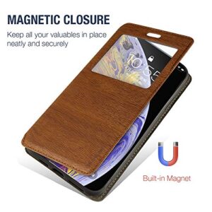 for iPhone 15 Case, Wood Grain Leather Case with Card Holder and Window, Magnetic Flip Cover for iPhone 15 (6.1”)