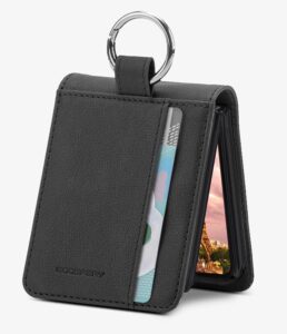 goospery card wallet ring case compatible with galaxy z flip 4 case, card holder pocket storage premium pu leather key ring wallet cover, black