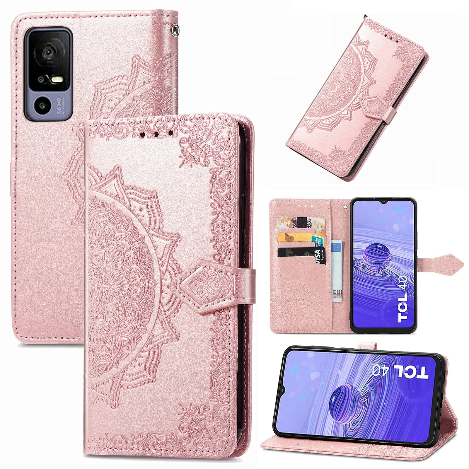 Ranyi for Jitterbug Smart4 Case, Jitterbug Smart 4 Phone Case, Mandala Flower Leather Wallet Case with Credit Card Holder Kickstand Flip Folio Magnetic Wallet Case for Jitterbug Smart4 -rose gold