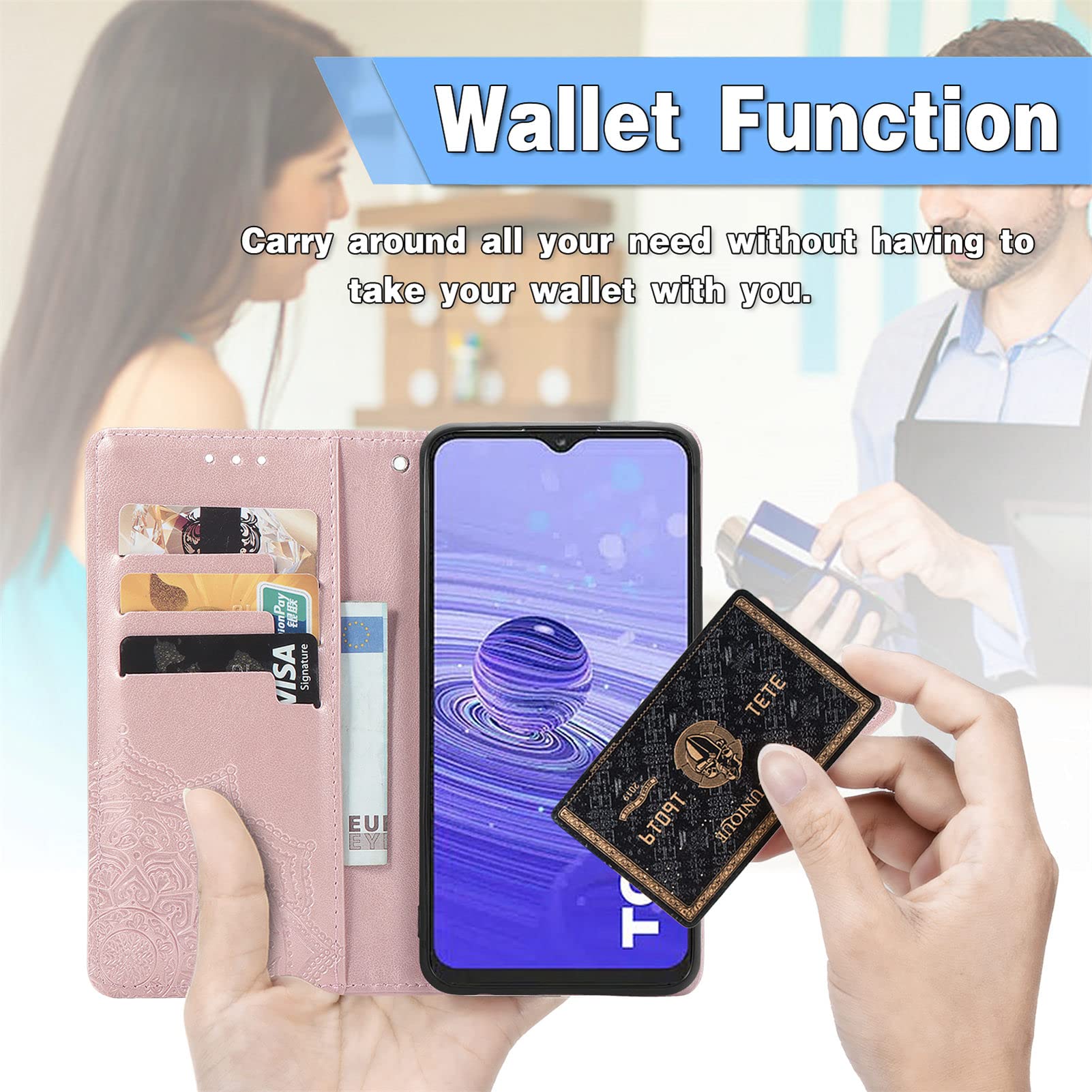 Ranyi for Jitterbug Smart4 Case, Jitterbug Smart 4 Phone Case, Mandala Flower Leather Wallet Case with Credit Card Holder Kickstand Flip Folio Magnetic Wallet Case for Jitterbug Smart4 -rose gold