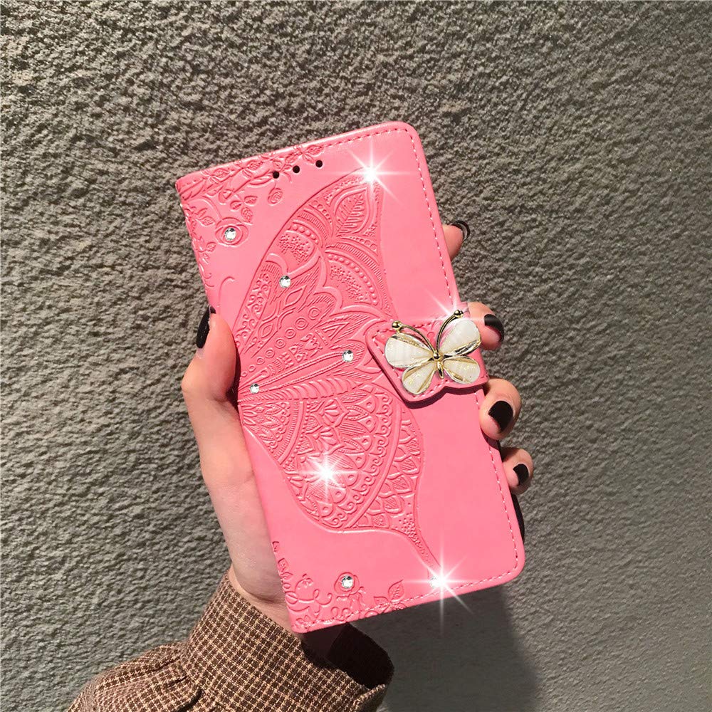 COTDINFOR Wallet Case for Google Pixel 8 Case Crystal Glitter Bling with Card Holder Stand Leather Flip Wallet Phone Case Diamond Butterfly Protective Case for Google Pixel 8 Crystal Pink