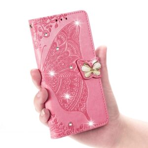 COTDINFOR Wallet Case for Google Pixel 8 Case Crystal Glitter Bling with Card Holder Stand Leather Flip Wallet Phone Case Diamond Butterfly Protective Case for Google Pixel 8 Crystal Pink