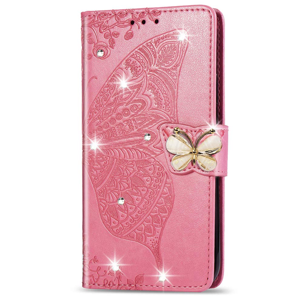 COTDINFOR Wallet Case for Google Pixel 8 Case Crystal Glitter Bling with Card Holder Stand Leather Flip Wallet Phone Case Diamond Butterfly Protective Case for Google Pixel 8 Crystal Pink