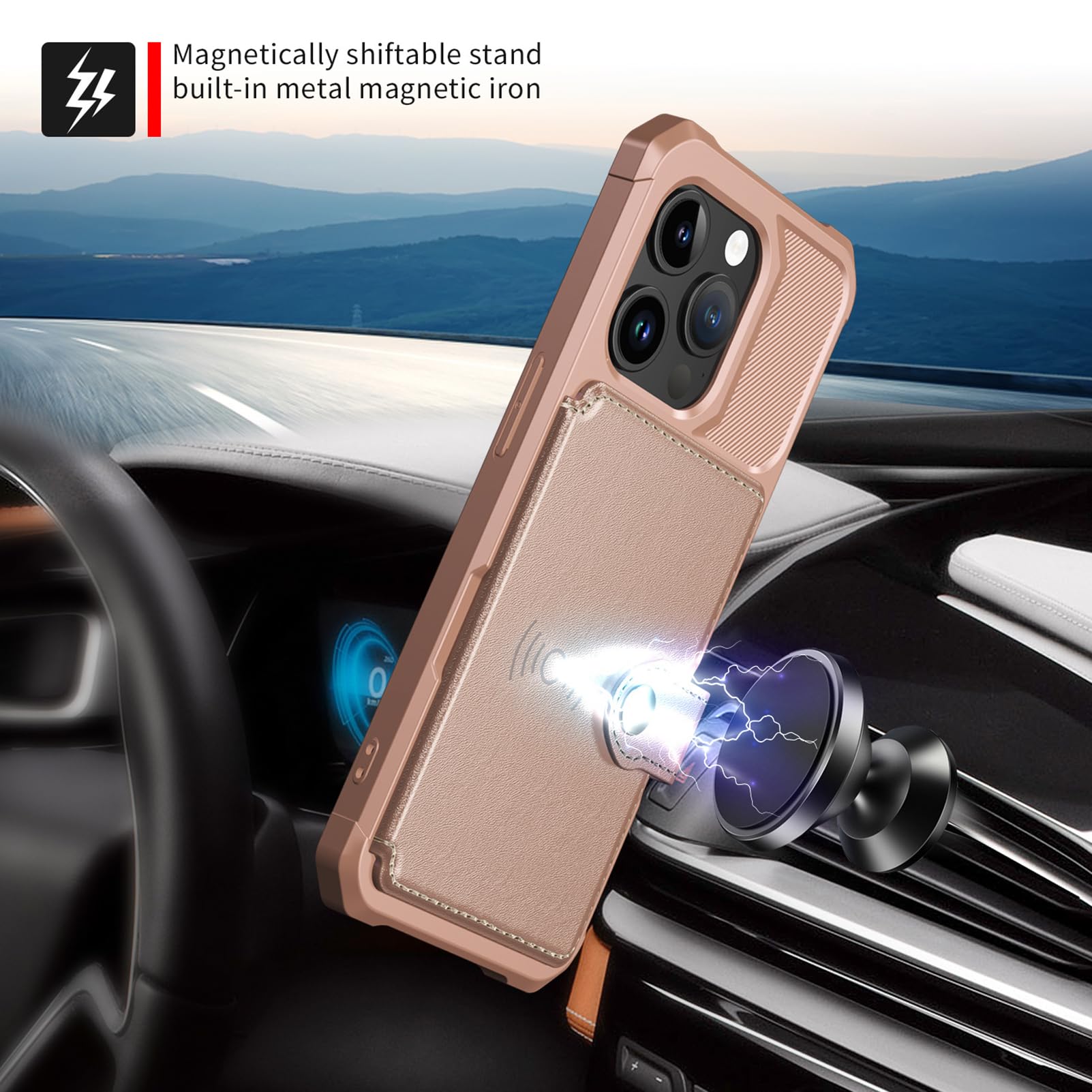 Tcaraersing Card Holder Case for iPhone 15 Pro Max Compatible with Magnetic Car Mount, Heavy Duty Shockproof Rugged Soft TPU Back Leather Flip Wallet Card Slot Cover iPhone 15 Pro Max 6.7'', Rose Gold