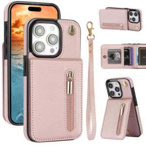 whbpkj case for iphone 15 pro max wallet with card holder,rfid blocking protective cover for women,pu leather lanyard strap wristlet zipper pocket kickstand flip case-rose gold