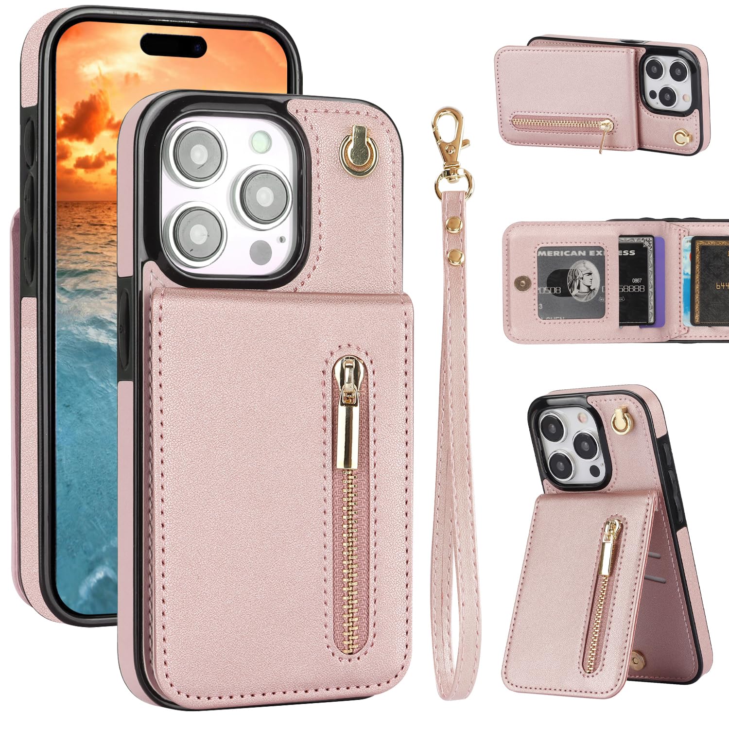 WHBPKJ Case for iPhone 15 Pro Max Wallet with Card Holder,RFID Blocking Protective Cover for Women,PU Leather Lanyard Strap Wristlet Zipper Pocket Kickstand Flip Case-Rose Gold