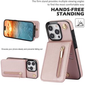 WHBPKJ Case for iPhone 15 Pro Max Wallet with Card Holder,RFID Blocking Protective Cover for Women,PU Leather Lanyard Strap Wristlet Zipper Pocket Kickstand Flip Case-Rose Gold