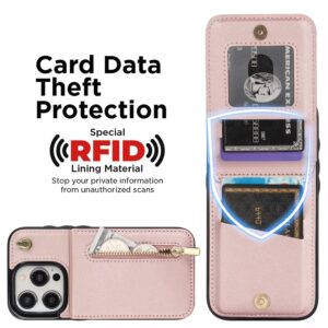 WHBPKJ Case for iPhone 15 Pro Max Wallet with Card Holder,RFID Blocking Protective Cover for Women,PU Leather Lanyard Strap Wristlet Zipper Pocket Kickstand Flip Case-Rose Gold