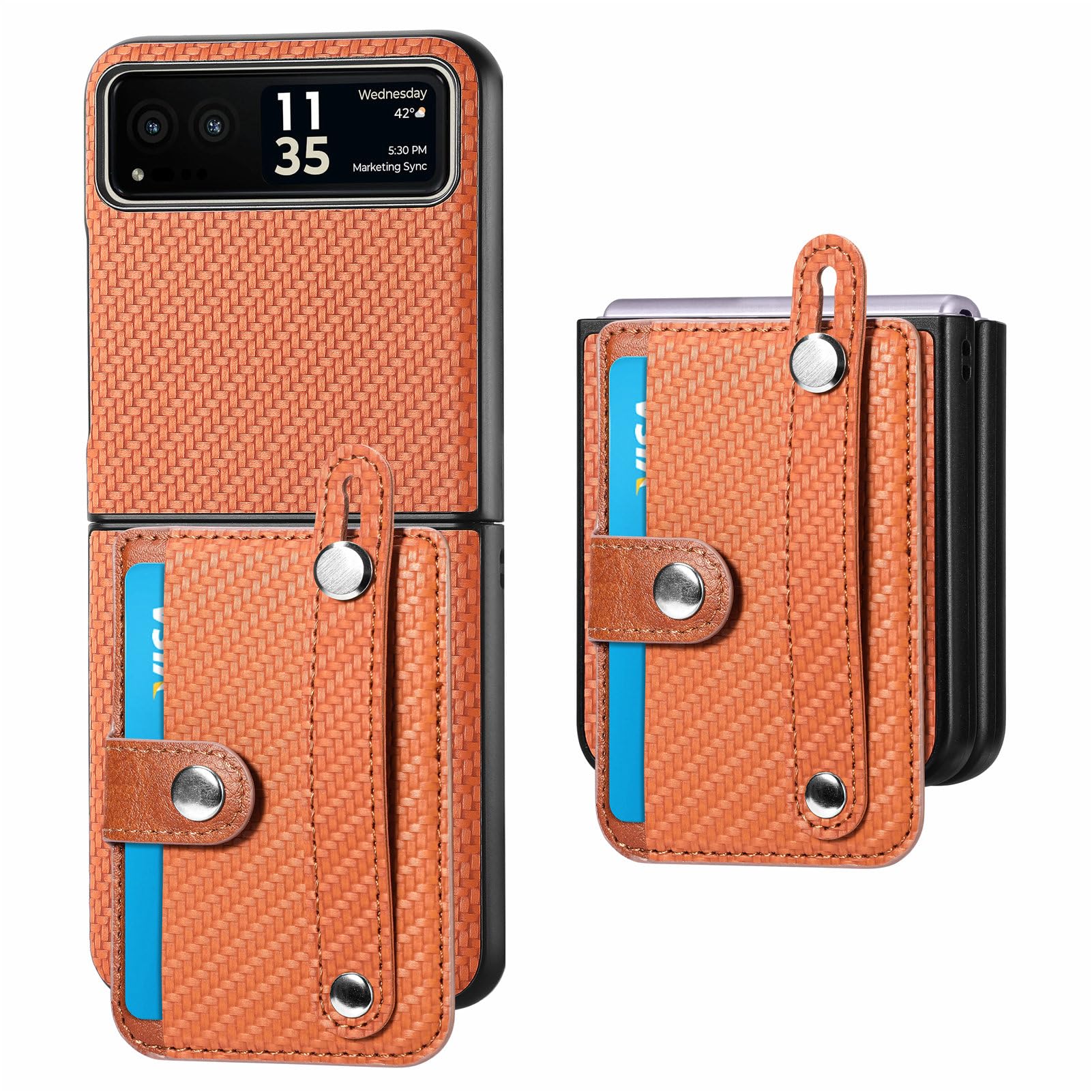 DAMONDY for Consumer Cellular Moto Razr 2023 Case with Wristband Ring,Motorola Razr 2023 Flip Case, Full Body Thin PU Leather Wrist Strap Kickstand Phone Cover Cases for Motorola Razr 2023 -Brown