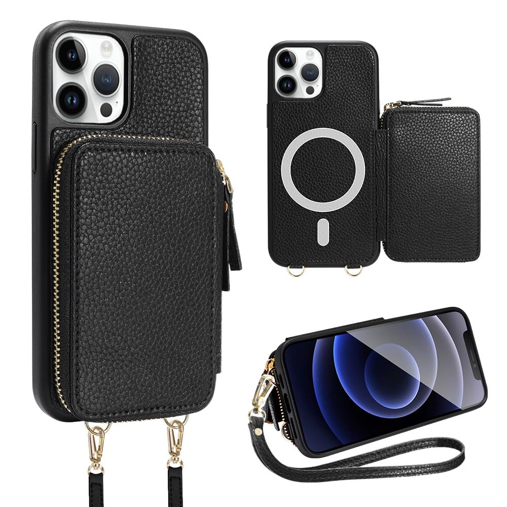 ZVE for iPhone 15 Pro Wallet Case Magsafe, Crossbody Magnetic Phone Case with Card Holder Wrist Strap for Women, Zipper Leather RFID Blocking Cover for iPhone 15 Pro, 6.1"-Black