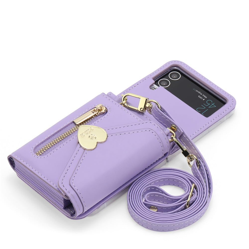 Case for Samsung Galaxy Z Flip5/Flip4/Flip3,Leather Crossbody Hinge Protection Phone Case with Card Slot Holder,Purple,for Galaxy Z Flip 4