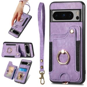 JanCalm for Pixel 8 Pro Case,Card Holder Wallet for Google Pixel 8 Pro Case,Ring Stand,RFID-Blocking,Wrist Strap,Camera Protector,Leather Protective Magnetic Flip Cover (Purple, 8 Pro 6.7 Inches)