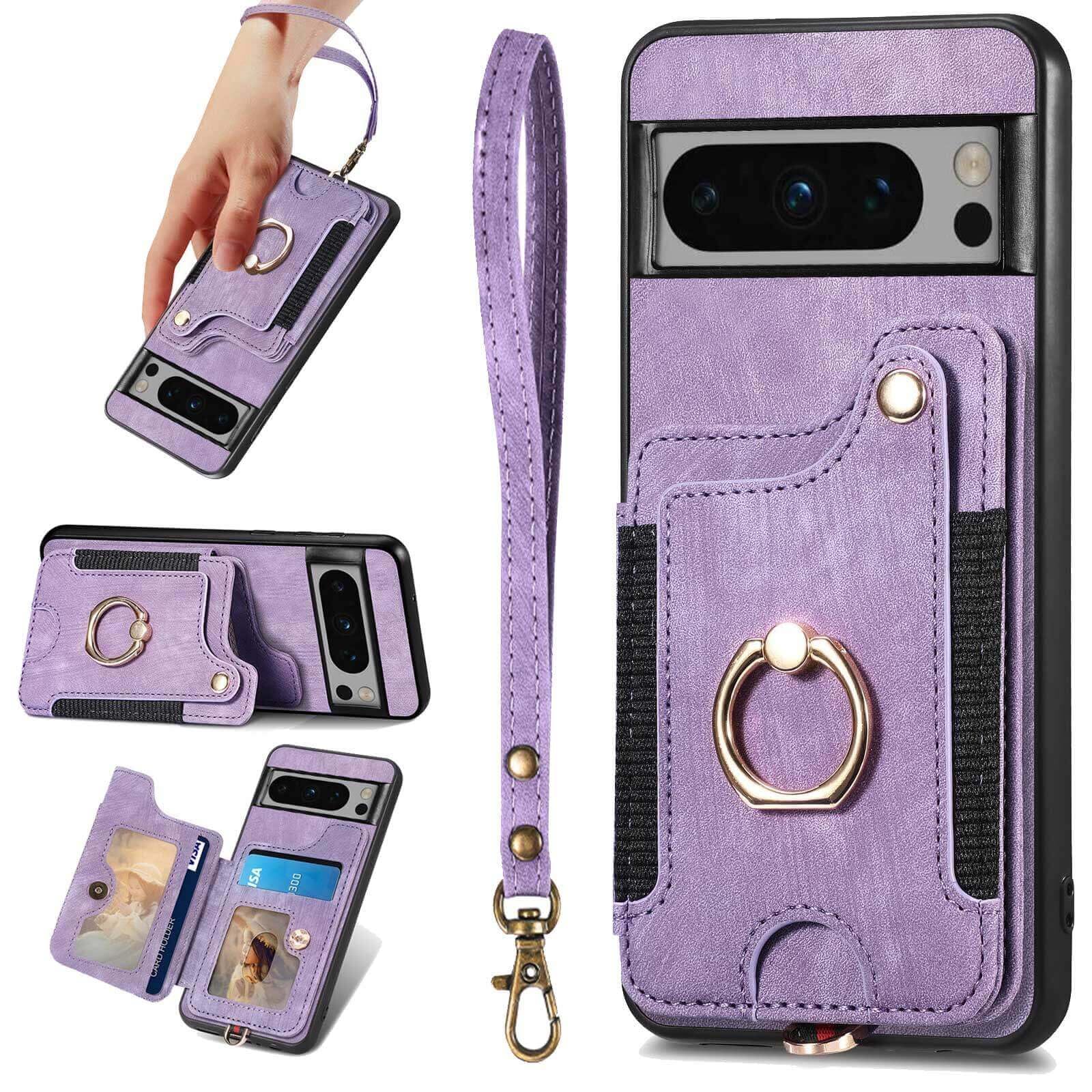 JanCalm for Pixel 8 Pro Case,Card Holder Wallet for Google Pixel 8 Pro Case,Ring Stand,RFID-Blocking,Wrist Strap,Camera Protector,Leather Protective Magnetic Flip Cover (Purple, 8 Pro 6.7 Inches)