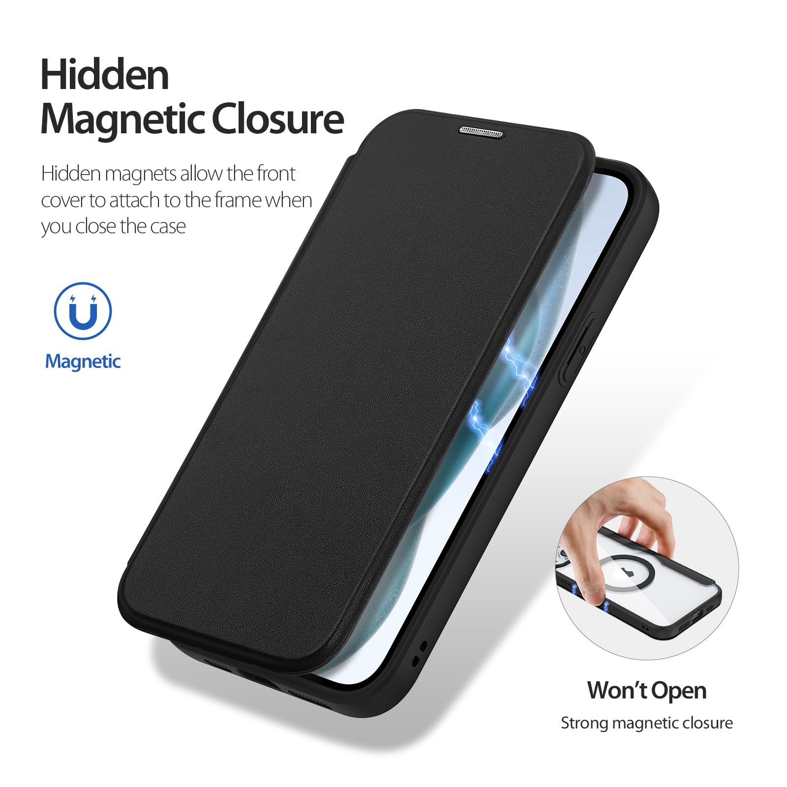 Algasan DUX DUCIS Strong Magnetic Wireless Charging Wallet Case for iPhone 15 Plus Compatible with Magsafe,360 ° Full Protection Flip Cover with Cards-Cash Slots Clear Back Cover Shell