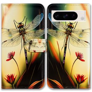 bcov pixel 8 pro case,colorful dragonfly style leather flip phone case wallet cover with card slot holder kickstand for google pixel 8 pro